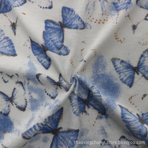 Gutes Design Schmetterlingsmuster T/C 65/35 Schussgestricke gedruckte Single-Jersey-Stoff für T-Shirt/Blusen/Kleid
